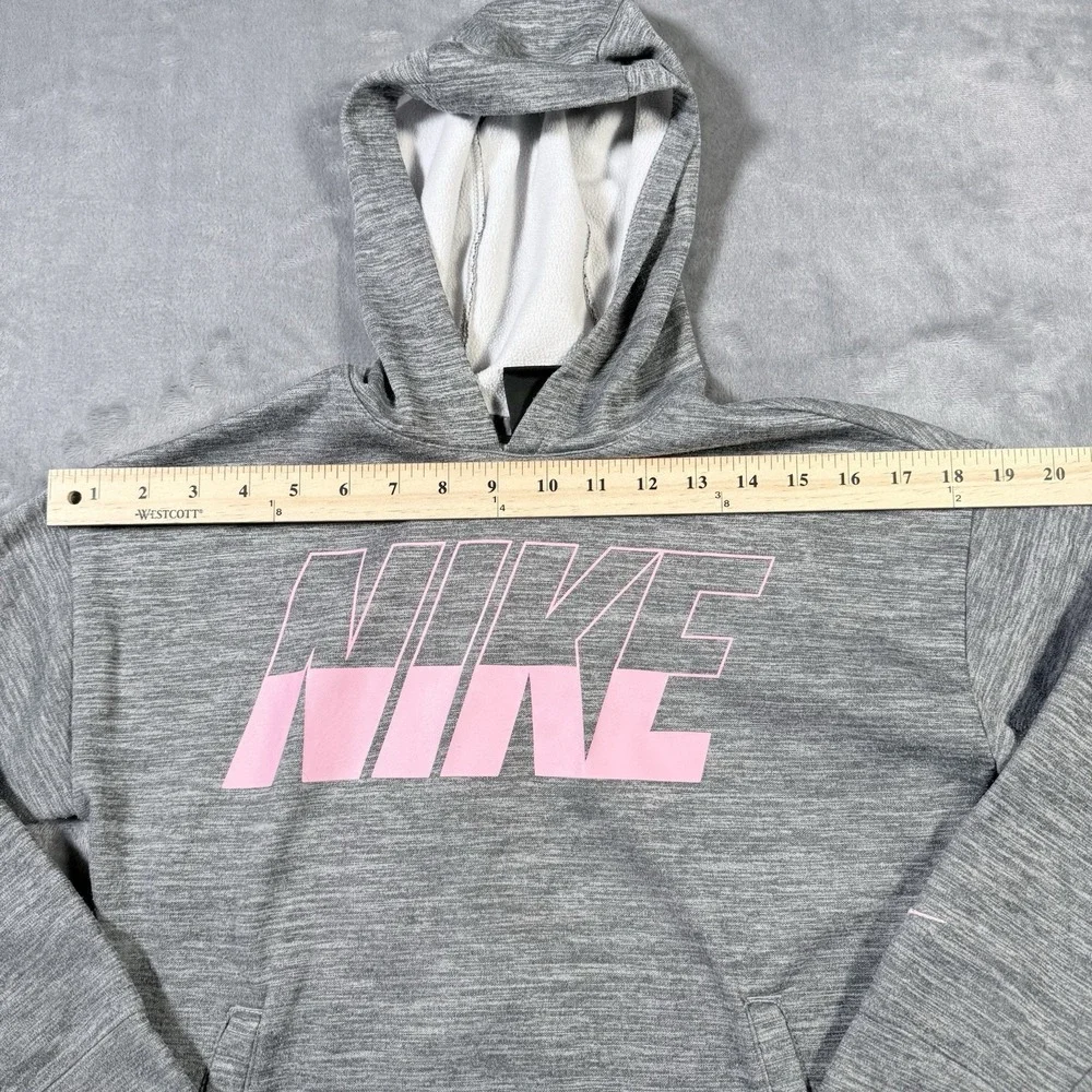 Nike Dri-Fit Hoodie Womens Medium Gray Pink Spellout Loose Fit Cropped Pullover